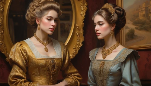 noblewomen,duchesses,doll looking in mirror,duchesse,foundresses,countesses,heiresses,pemberley,leighton,victoriana,mirror image,victorian lady,maidservants,marquises,posets,two girls,dressmakers,perugini,emile vernon,the victorian era,Illustration,Realistic Fantasy,Realistic Fantasy 03