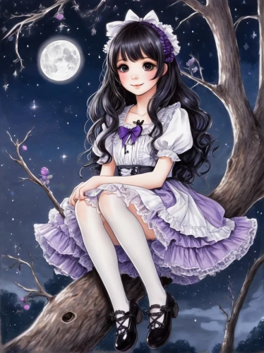 gothic dress,lilac tree,white lilac,moon and star background,purple moon,lilac blossom,moonlit night,fairy tale character,moonlit,white purple,acerola,pale purple,moonbow,lunar,starry sky,moon night,white with purple,moon shine,fairy galaxy,luna,Illustration,Black and White,Black and White 30