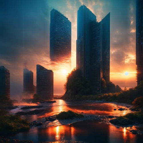 futuristic landscape,fantasy landscape,skyscrapers,chongqing,urban towers,fantasy city,post-apocalyptic landscape,alien world,world digital painting,city skyline,high rises,dystopian,high-rises,alien planet,cityscape,international towers,futuristic architecture,landscape background,metropolis,monolith,Photography,General,Realistic