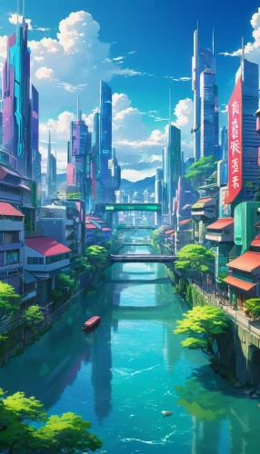 fantasy city,futuristic landscape,ancient city,colorful city,cityscape,japan landscape,tokyo city,fantasy world,tokyo,taipei,nanjing,shanghai,honolulu,dream world,osaka,harbour city,kyoto,chongqing,sky city,world digital painting,Illustration,Japanese style,Japanese Style 03