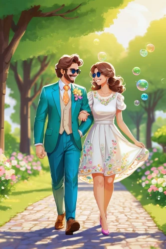 vintage man and woman,vintage boy and girl,dressup,cute cartoon image,wedding couple,girl and boy outdoor,elopement,dancing couple,honeymoon,game illustration,romantic scene,beautiful couple,world digital painting,promenade,romantic look,eloping,walk in a park,walking in a spring,young couple,50's style,Unique,Pixel,Pixel 02