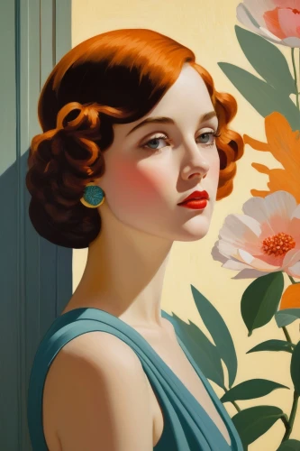 art deco woman,art deco background,tretchikoff,retro woman,retro women,digital painting,vintage woman,orange blossom,vintage illustration,retro pin up girl,overpainting,marguerite,art deco,gardenia,vintage girl,retro flowers,retro girl,vintage women,portrait background,flower painting,Illustration,Retro,Retro 15