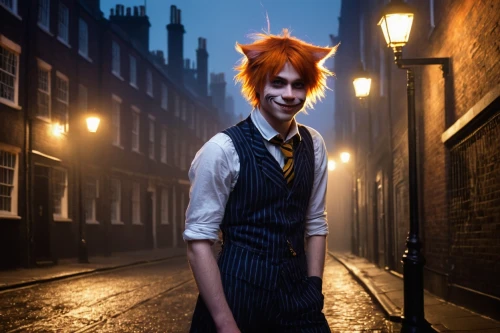 pumuckl,beaker,alley cat,cosplay image,animal lane,fawkes,trickster,fox and hare,fire-eater,red cat,chimney sweep,red tabby,hatter,david bowie,waiting staff,ginger rodgers,brook avens,fox hunting,cheshire,lamplighter,Illustration,American Style,American Style 02