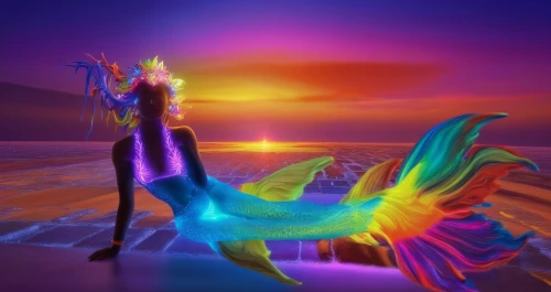 mermaid background,fantasy picture,sirene,rainbow unicorn,harmonix,simorgh,3d fantasy,sundancer,fantasy art,pegasi,mermaid tail,merfolk,unicorn background,rainbow jazz silhouettes,antasy,thoth,splendid colors,mermaid silhouette,bird of paradise,shpongle,Illustration,Realistic Fantasy,Realistic Fantasy 20