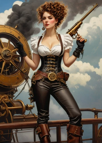 steampunk,steampunk gears,merchantman,radebaugh,figurehead,yachtswoman,the sea maid,aviatrix,ships wheel,seafaring,girl with a wheel,barranger,hornblower,tailgunner,brown sailor,girl with gun,shipmaster,sea fantasy,swashbuckler,brakewoman,Illustration,Retro,Retro 15