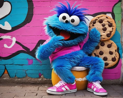 sesame street,cookie,the mascot,fashionista,mascot,sesame,muppet,blue shoes,cookies,blue monster,street fashion,80s,cookie jar,socks shoes,hipster,knuffig,magenta,scoops,fashionable,anthropomorphized,Photography,Documentary Photography,Documentary Photography 22