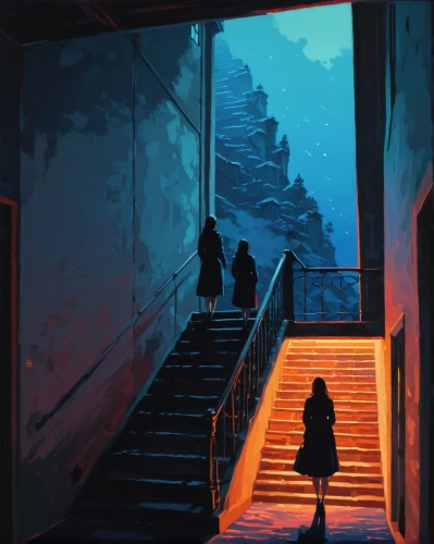 stairway,girl on the stairs,passage,stairwell,stairs,digital painting,stairways,walkway,staircases,descent,stair,digital,digital illustration,corridors,escaleras,underpass,subway stairs,stairwells,alleyway,night scene,Conceptual Art,Fantasy,Fantasy 32