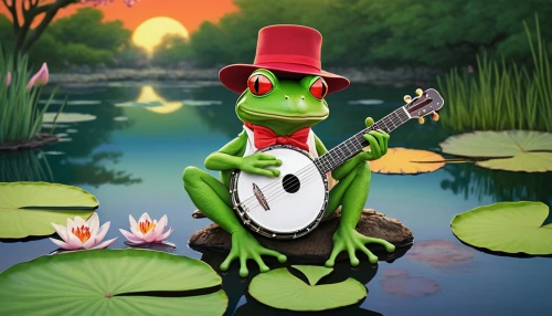 jazz frog garden ornament,frog background,pond frog,green frog,frog king,cavaquinho,banjo player,gex,pasquel,frog prince,guitar player,gieco,bouzoubaa,ukulele,musician,serenata,croak,mandolinist,grenouille,leaupepe,Illustration,Black and White,Black and White 22