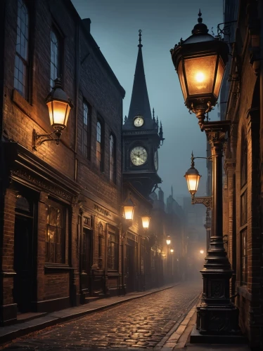 street lamps,gas lamp,medieval street,victorian,the cobbled streets,evening atmosphere,iron street lamp,lamplighter,street lights,bremen,night image,old city,victorian style,prague,street lamp,night scene,old town,before dawn,york,atmospheric,Illustration,Realistic Fantasy,Realistic Fantasy 11