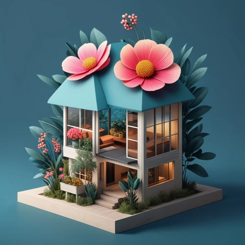 tropical house,floral mockup,miniature house,mid century house,tropical bloom,wooden flower pot,small house,corner flowers,3d render,dribbble,airbnb icon,cubic house,3d mockup,flower stand,summer cottage,flower shop,summer house,wooden mockup,little house,flower box,Photography,General,Realistic