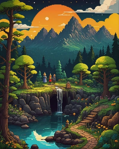 waterfall,paisaje,waterfalls,mushroom landscape,forest landscape,landscape background,nature landscape,oasis,nature background,cartoon forest,cartoon video game background,mountain scene,beautiful wallpaper,ash falls,water falls,mountain spring,brown waterfall,fantasy landscape,forest background,cascades,Illustration,Realistic Fantasy,Realistic Fantasy 31