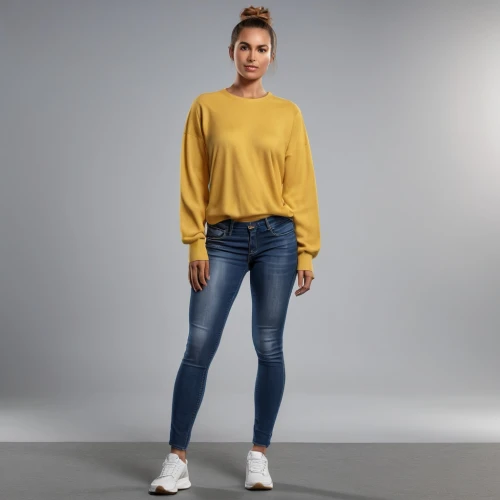 long-sleeved t-shirt,women's clothing,menswear for women,women clothes,ladies clothes,plus-size model,cuckoo light elke,female model,yellow background,yellow mustard,jeans pattern,jeans background,women fashion,knitting clothing,high waist jeans,plus-size,high jeans,girl in t-shirt,carpenter jeans,long-sleeve,Photography,General,Realistic