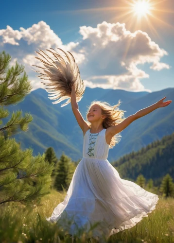 little girl in wind,leap for joy,gracefulness,divine healing energy,cheerfulness,carefree,flying dandelions,dandelion flying,freedom from the heart,arms outstretched,be free,fairies aloft,flying girl,wild and free,enjoyment of life,energy healing,whirling,little girl twirling,flying seed,spring equinox,Illustration,American Style,American Style 03