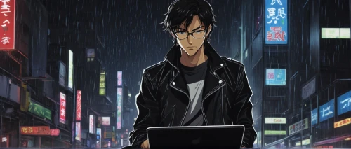 yukio,anime 3d,anime cartoon,man with a computer,cyber glasses,hacker,laptop,cyberpunk,cyber,media player,netbook,animator,background image,night administrator,hacking,cyberspace,jin deui,computer,anime japanese clothing,android,Art,Artistic Painting,Artistic Painting 24