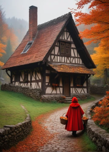 red riding hood,little red riding hood,red coat,witch's house,fantasy picture,red cape,witch house,autumn idyll,fairytale,fairy tale,redcoat,red roof,a fairy tale,autumn landscape,nargothrond,world digital painting,rincewind,the autumn,autumn scenery,autumn background,Art,Artistic Painting,Artistic Painting 09