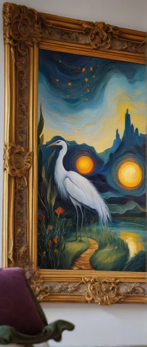 bird painting,art deco frame,art nouveau frame,constellation swan,ardea,glass painting,beautiful frame,bird frame,pfau,interior decor,paintings,dubbeldam,decorative frame,indigenous painting,egretta,khokhloma painting,gournay,art painting,herons,white heron,Illustration,Abstract Fantasy,Abstract Fantasy 16