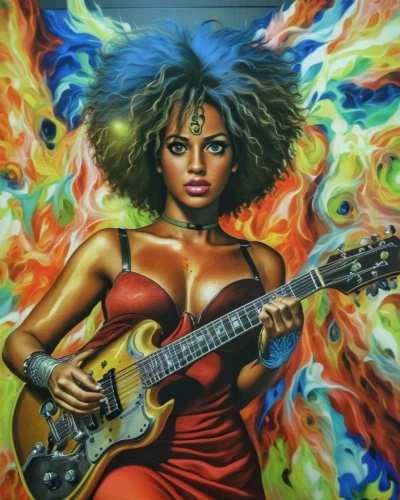 painted guitar,psychedelic art,guitar player,electric guitar,jazz guitarist,afro-american,afro american,afro american girls,woman playing,chilli,bass guitar,musician,lady rocks,guitarist,amplification,guitar,violin woman,woman playing violin,guitar head,voodoo woman,Photography,General,Realistic