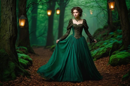 celtic woman,celtic queen,elven forest,the enchantress,fantasy picture,faerie,greensleeves,gothic dress,faery,enchantress,saria,enchanted forest,green dress,elfland,enchanting,sorceress,emerald,green aurora,fairy tale character,green forest,Art,Classical Oil Painting,Classical Oil Painting 34