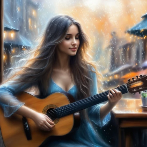 woman playing,troubadour,serenade,musician,troubador,fado,guitar,violin woman,woman playing violin,classical guitar,serenades,serenata,troubadors,chansonnier,playing the guitar,strumming,violin player,street musician,concert guitar,world digital painting,Illustration,Realistic Fantasy,Realistic Fantasy 01