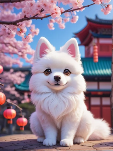 puxi,pomeranian,wufu,bingbu,japanese sakura background,shoob,cute puppy,yukai,gongju,inu,kimbundu,samoyed,pomeranians,yiji,suri,blossom kitten,zwei,hanami,uchishiba,ninomaru,Conceptual Art,Oil color,Oil Color 19