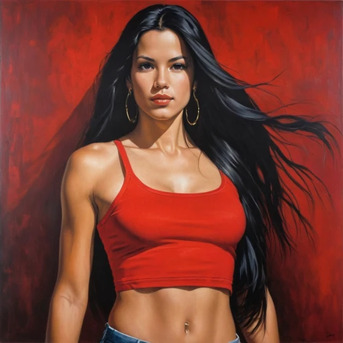 asian woman,oil painting on canvas,oil painting,young woman,peruvian women,santana,art painting,on a red background,mulan,american indian,vietnamese woman,red background,girl portrait,native american,female model,red skin,portrait of a girl,red,siam fighter,oil on canvas,Conceptual Art,Daily,Daily 04