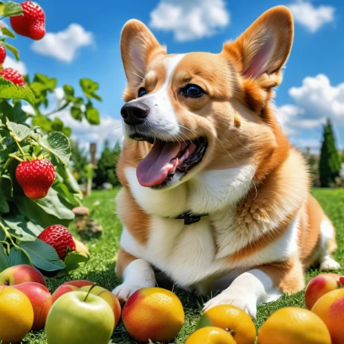 the pembroke welsh corgi,pembroke welsh corgi,corgi,welsh corgi,corgis,dogberry,welschcorgi,many berries,fruitiness,summer fruits,fruitbearing,froot,juglandaceae,cheerful dog,braeburn,inu,frustaci,fruit picking,apfel,frugivores,Photography,General,Realistic