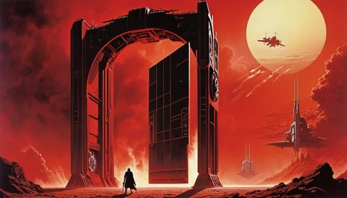 door to hell,portal,stargate,gateway,monolith,heaven gate,necropolis,hall of the fallen,archway,el arco,sci fiction illustration,pillar of fire,testament,gates,citadel,apocalypse,arc,ervin hervé-lóránth,metropolis,portals,Conceptual Art,Sci-Fi,Sci-Fi 19