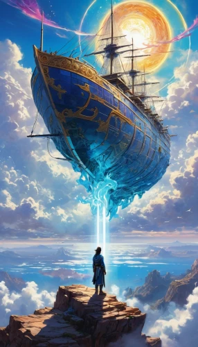 skyship,airship,airships,sea fantasy,wayfinder,goldwind,astral traveler,air ship,fantasy picture,cielo,siero,skyflower,legendarium,sail ship,skycycle,ozma,deltha,sailing ship,sea sailing ship,odyssey,Illustration,Realistic Fantasy,Realistic Fantasy 20