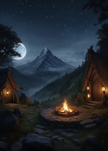 campfires,mountain settlement,night scene,the cabin in the mountains,home landscape,fantasy landscape,campfire,mountain scene,mountain huts,landscape background,campsite,mountain village,fireside,fantasy picture,mountain hut,moonlit night,log cabin,evening atmosphere,alpine village,log home,Photography,Black and white photography,Black and White Photography 05