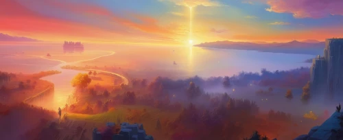 fantasy landscape,mountain sunrise,fantasy picture,world digital painting,fairy chimney,fantasy world,futuristic landscape,landscape background,fantasy city,meteora,sunburst background,hot-air-balloon-valley-sky,fantasy art,the pillar of light,chasm,beacon,games of light,mists over prismatic,panoramical,mountain world,Illustration,Realistic Fantasy,Realistic Fantasy 01