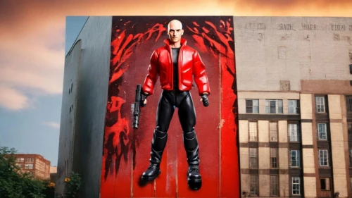 red super hero,red matrix,red hood,devil wall,billboard advertising,billboards,billboard,daredevil,3d man,business angel,advertising figure,tall man,electronic signage,red milan,red chief,standing man,walking man,pedestrian,photomanipulation,public art