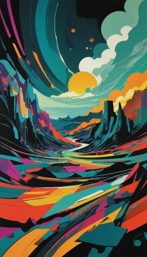 panoramical,colorful foil background,futuristic landscape,background abstract,abstract background,abstract retro,abstract backgrounds,colorful background,art background,mountains,canyon,digital illustration,desert landscape,vast,colorful doodle,mountain world,digital art,desert,abstract design,shifting dunes,Illustration,American Style,American Style 09