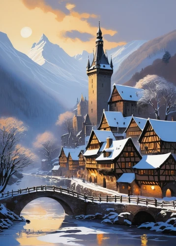 alpine village,winter village,mountain village,fairytale castle,fairy tale castle,mountain settlement,christmas landscape,medieval town,peles castle,dracula castle,winter landscape,transylvania,escher village,carpathians,medieval architecture,winter house,knight village,alpine region,slovenia,medieval castle,Art,Artistic Painting,Artistic Painting 24