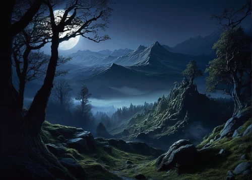 fantasy landscape,black forest,mountain landscape,moonlit night,mountainous landscape,landscape background,mountain scene,fantasy picture,forest landscape,night scene,moonlit,landscape mountains alps,the landscape of the mountains,northern black forest,world digital painting,mountain pasture,high landscape,mountainside,nature landscape,mountain valleys,Photography,Black and white photography,Black and White Photography 13