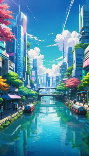 colorful city,tokyo city,fantasy city,futuristic landscape,cityscape,odaiba,tokyo,sky city,city trans,dream world,japan landscape,virtual landscape,umeda,harbor,osaka,waterscape,waterfront,aqua studio,city scape,harbour city,Illustration,Japanese style,Japanese Style 03