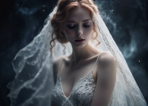 dead bride,bridal veil,bride,bridal,bridal dress,the angel with the veronica veil,blonde in wedding dress,bridal clothing,white rose snow queen,the snow queen,wedding dress,silver wedding,wedding dresses,mourning swan,wedding gown,ice queen,cinderella,mystical portrait of a girl,fairy queen,wedding dress train,Conceptual Art,Sci-Fi,Sci-Fi 30