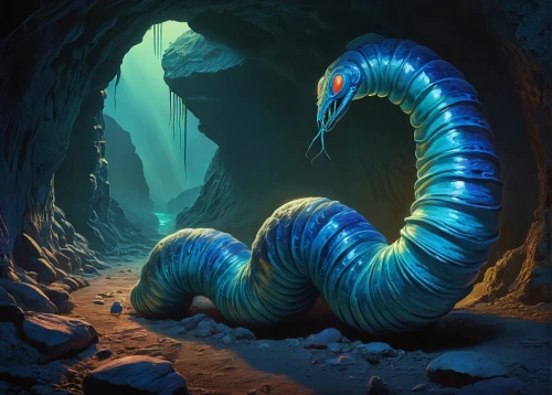 caecilian,myriapods,millipede,wurm,trilobyte,millipedes,cambrian,ammonoid,trilobite,polychaete,sandworm,deep sea nautilus,paleoenvironment,trilobites,cavernosum,blue snake,gopendra,blue caves,serpentarium,blue cave,Conceptual Art,Oil color,Oil Color 25