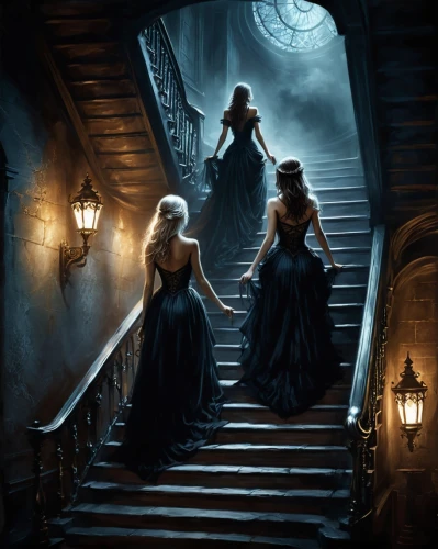 sorceresses,priestesses,temptresses,witches,enchanters,celtic woman,fantasy picture,covens,canonesses,mourners,stepsisters,matriarchs,noblewomen,chambermaids,gothic portrait,rhinemaidens,coven,wights,stairway,the threshold of the house,Conceptual Art,Fantasy,Fantasy 34