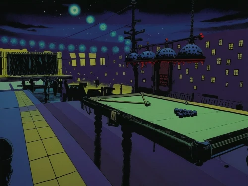 nighthawks,poolroom,cartoon video game background,nightclub,billiards,spaceland,game room,piano bar,technodrome,night scene,billiard,ufo interior,scummvm,pool bar,lucasarts,retro diner,cybertown,billard,gobilliard,dojo,Illustration,American Style,American Style 14