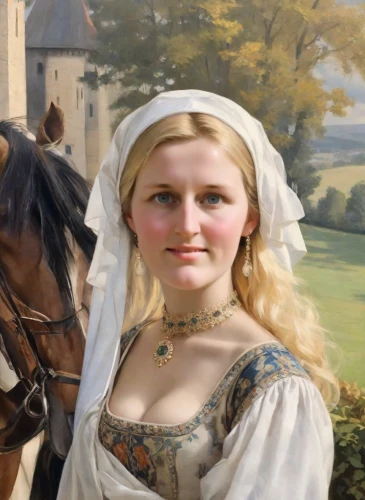 girl in a historic way,milkmaid,a white horse,horseback,weehl horse,joan of arc,horse herder,cockerel,horse trainer,andalusians,equestrianism,fantasy portrait,hohenzollern,horse,country dress,celtic queen,palomino,aubrietien,bornholmer margeriten,a charming woman,Digital Art,Impressionism