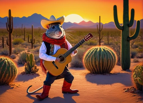 desert fox,mariachi,musical rodent,prickly pear,desert background,cactus,cactus digital background,cactuses,vaquero,desert plant,banjo player,desert flower,deserticola,arid land,dutchman's-pipe cactus,prickly pears,troubador,cacti,bundys,bandito,Conceptual Art,Oil color,Oil Color 16