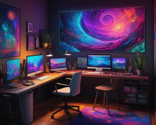 computer room,computer workstation,computer desk,working space,desk,creative office,computer art,workspace,work space,study room,monitor wall,desktop computer,blur office background,home office,desk top,monitors,workstation,fractal design,music workstation,art background,Illustration,Abstract Fantasy,Abstract Fantasy 09