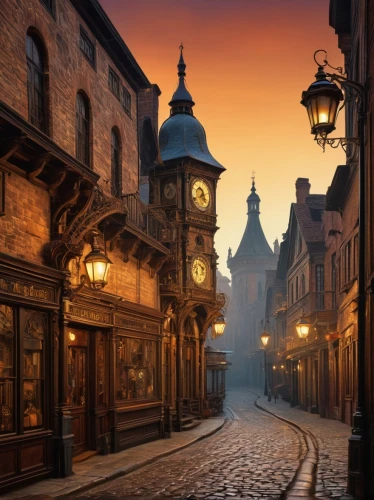 townscapes,the cobbled streets,medieval street,dickensian,cobbled,gaslight,old city,medieval town,waterdeep,eastgate street chester,edinburgh,cobbles,diagon,darktown,gas lamp,victorians,victoriana,whitby,old town,angleterre,Art,Classical Oil Painting,Classical Oil Painting 28