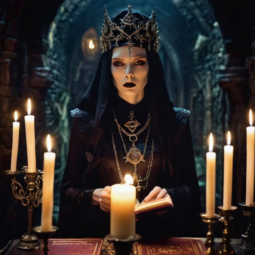 gothic portrait,priestess,gothic woman,black candle,seven sorrows,gothic fashion,the nun,sorceress,the witch,gothic style,dark gothic mood,candlemaker,queen of the night,archimandrite,candlemas,the prophet mary,the enchantress,occult,hieromonk,vampire woman,Illustration,Realistic Fantasy,Realistic Fantasy 37