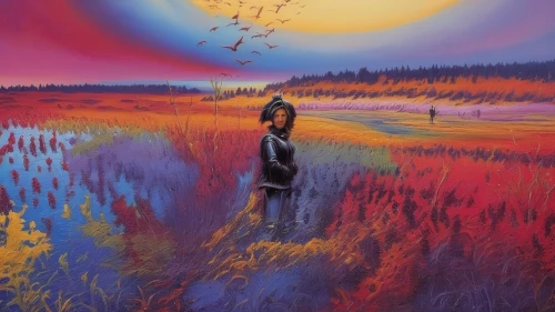 psychedelic art,indigenous painting,color fields,purple landscape,oil painting on canvas,shamanic,little girl in wind,pachamama,art painting,morning illusion,fireweed,mirror in the meadow,girl on the dune,lavender fields,shamanism,woman thinking,shirakami-sanchi,oil painting,surrealism,prairie,Conceptual Art,Fantasy,Fantasy 04