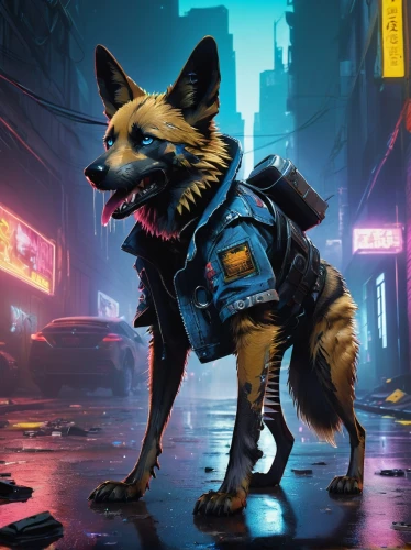 wolstein,cyberpunk,fox in the rain,a police dog,akitas,fox,dogmeat,gsd,jackal,vigilante,a fox,krypto,akira,outfox,foxman,blazkowicz,schindewolf,foxmeyer,kon,coyote,Conceptual Art,Sci-Fi,Sci-Fi 11