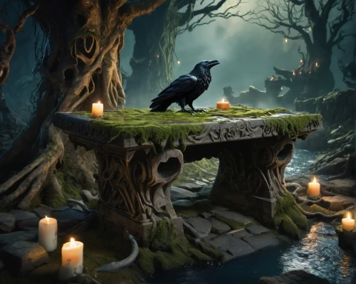 fantasy picture,black candle,halloween background,samhain,halloween wallpaper,3d crow,candle wick,game illustration,blackmoor,black crow,fantasy art,oscura,wishing well,ravenloft,halloween illustration,raven bird,witch's house,world digital painting,kupala,black raven,Conceptual Art,Oil color,Oil Color 21