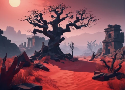 dead vlei,badland,deadmarsh,barren,scorched earth,darklands,wildstar,red tree,wastelands,sossusvlei,strangehold,devilwood,red sun,red earth,hinterlands,valley of death,khandaq,desolation,calydonian,ghost forest,Unique,3D,Low Poly