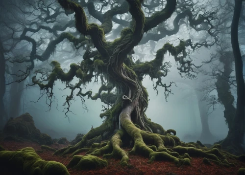 mirkwood,forest tree,elven forest,foggy forest,fangorn,the roots of trees,moss landscape,arboreal,druidic,magic tree,celtic tree,isolated tree,tree and roots,creepy tree,old tree,druidism,haunted forest,ents,tree moss,dragon tree,Conceptual Art,Fantasy,Fantasy 22