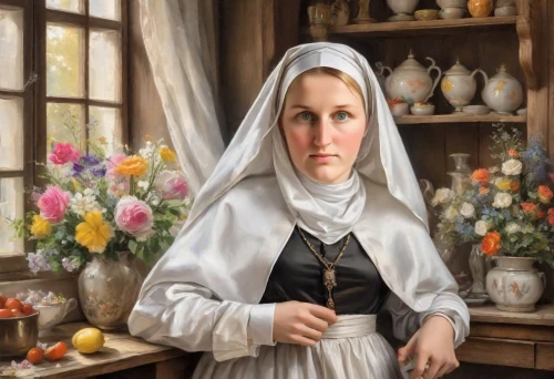woman holding pie,maidservant,portrait of christi,clergywoman,timoshenko,foundress,nelisse,postulant,nunsense,girl with bread-and-butter,woman with ice-cream,eckersberg,woman drinking coffee,marguerite,portrait of a woman,lacordaire,bertens,duchesne,praying woman,abbess,Digital Art,Impressionism